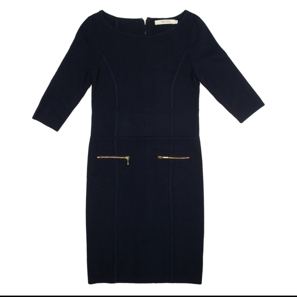 REISS Sheat Dress Boat Neck 3/4 Sleeve Knee Length Gold Hardware Navy Blue Sz M